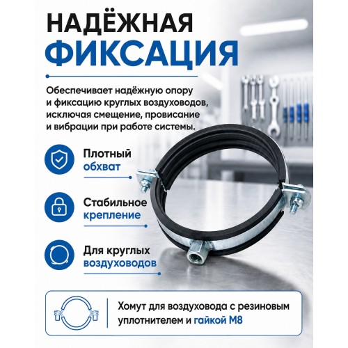 Хомут для воздуховода 125 мм с резиновым уплотнителем и гайкой М8