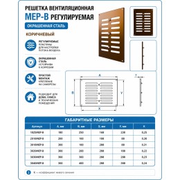 Решетка вентиляционная МЕР-В регулируемая 180х250 окраш.сталь коричневый ERA