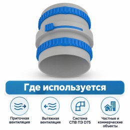 Муфта соединительная ТИХОНЯ СПВ ПЭ МС-75 ИРИС из АБС-пластика для СПВ ПЭ с 2 фиксирующими кольцами и ирисовым клапаном, D75