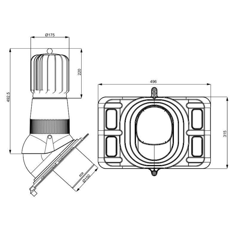T03-AL-L-2 Вентвыход роторный коричневый неизолированный D150 Н 492,5 мм с универсальным проходным элементом для низкопрофильных (до 35 мм) металлических кровельных покрытий